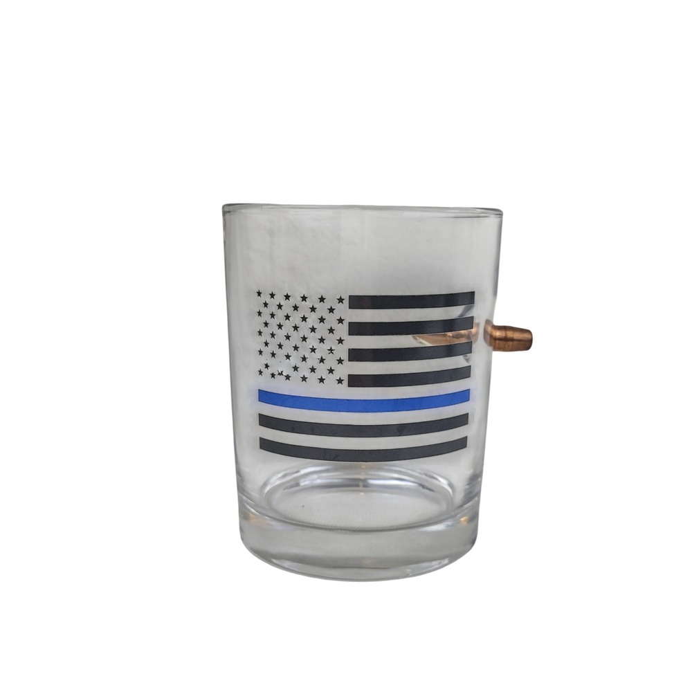 Thin Blue Line American Flag Bullet Whiskey Glass Law Enforcement Gift